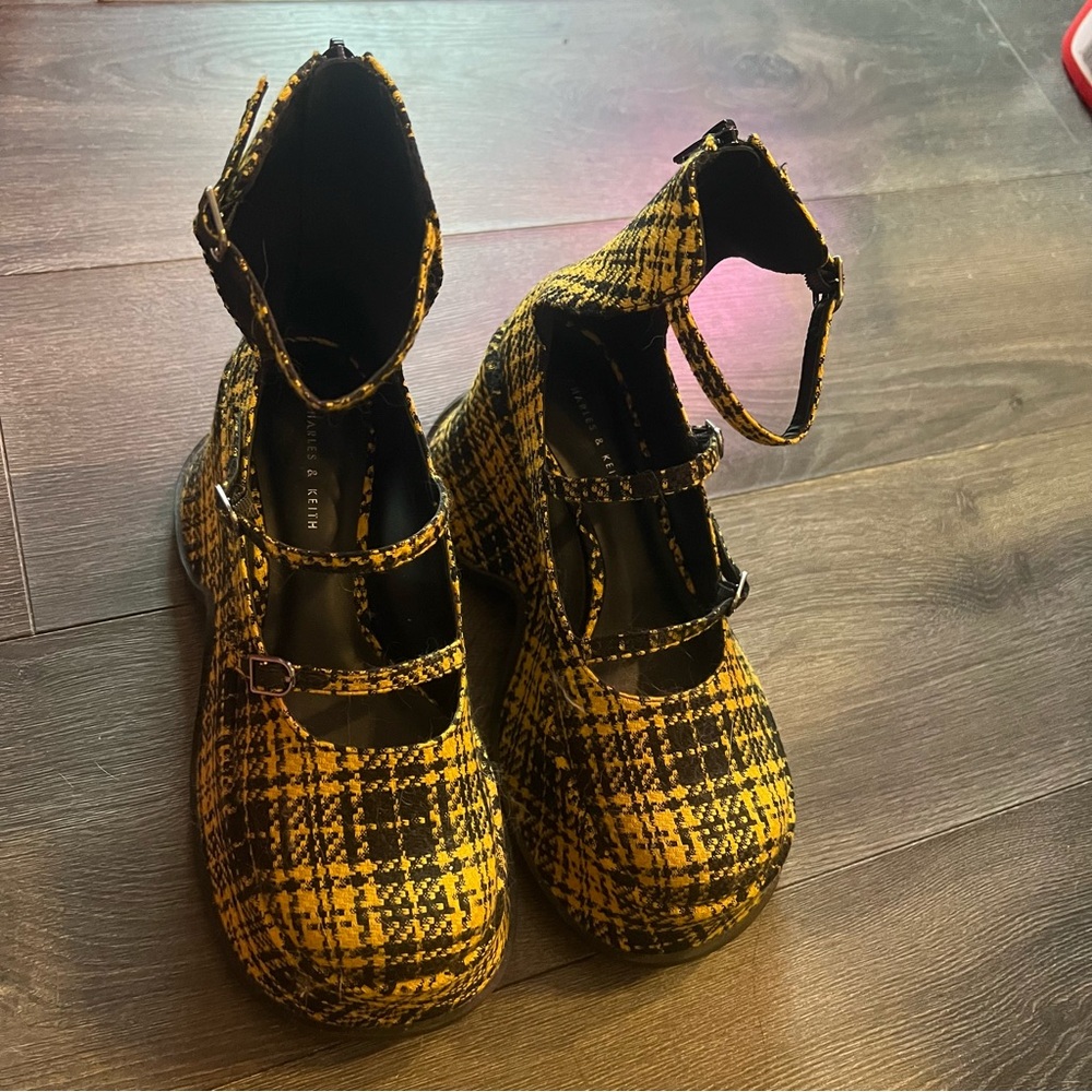 Charles & Keith Yellow and Black Plaid Platform Shoes
